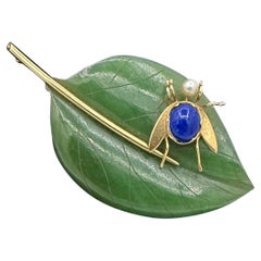 Jade Fly Insect Leaf Brooch Pin Lapis Lazuli Pearl 14 Karat Gold Vintage Retro