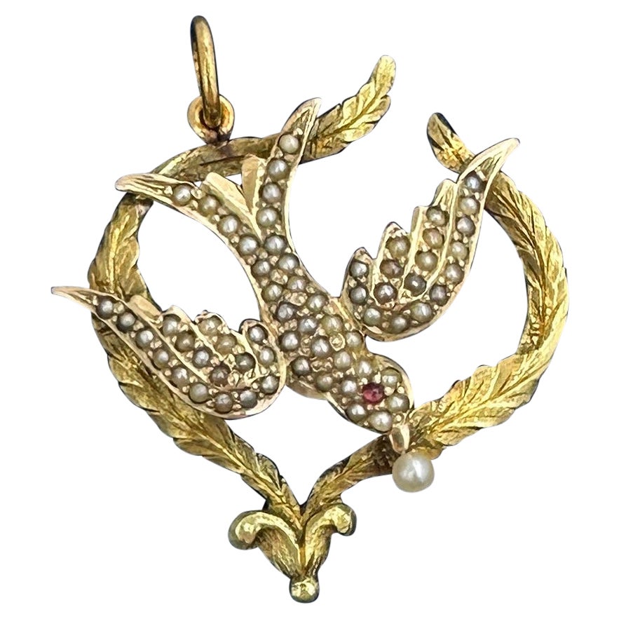 Victorian Dove Bird Swallow Ruby Pearl Peace Pendant Necklace Gold Laurel Wreath For Sale