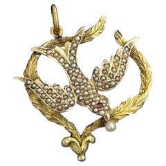 Antique Victorian Dove Bird Swallow Ruby Pearl Peace Pendant Necklace Gold Laurel Wreath