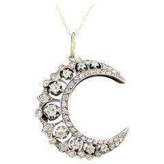 Antique Rose Cut Diamond Platinum Crescent Moon Pendant Necklace French Belle Epoque