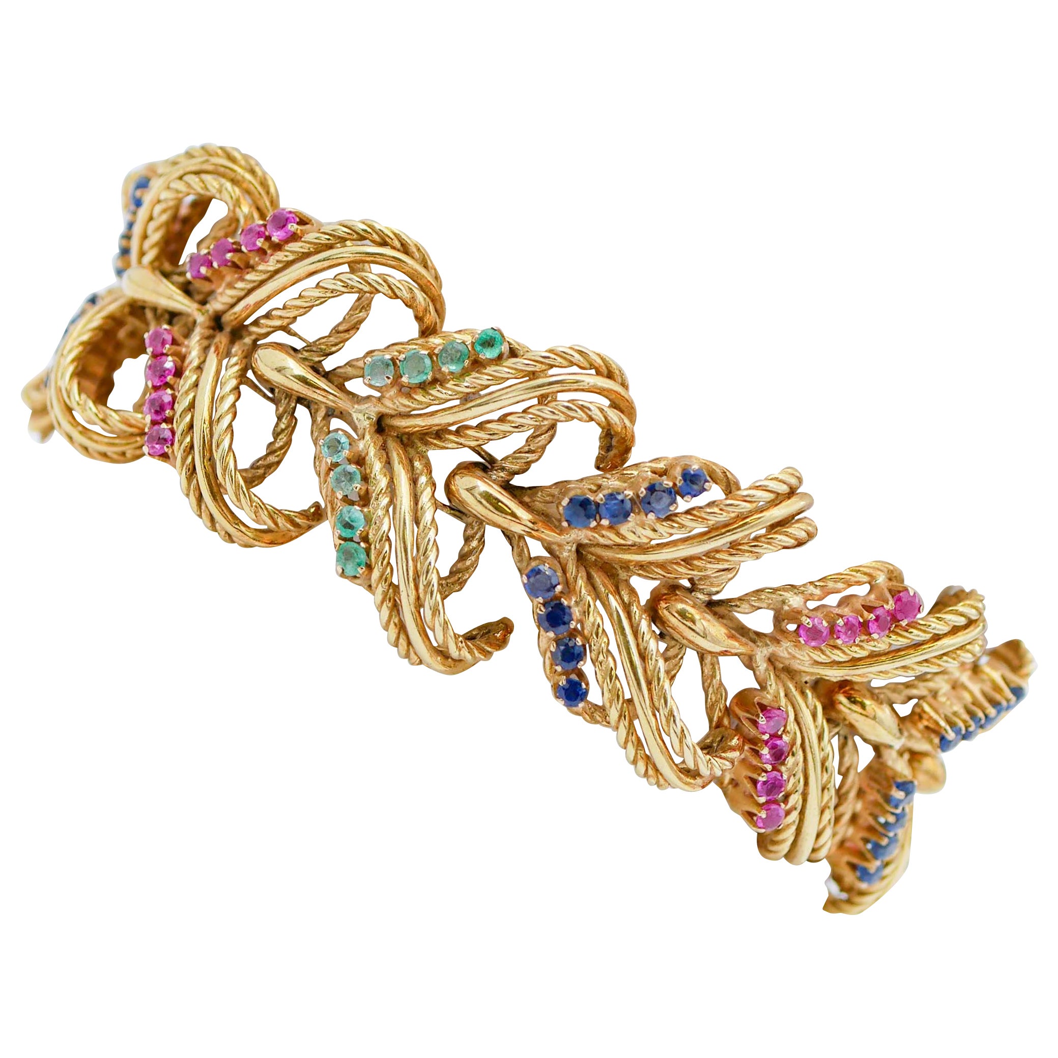 Emeralds, Rubies, Sapphires, 18 Karat Yellow Gold Retrò Bracelet For Sale