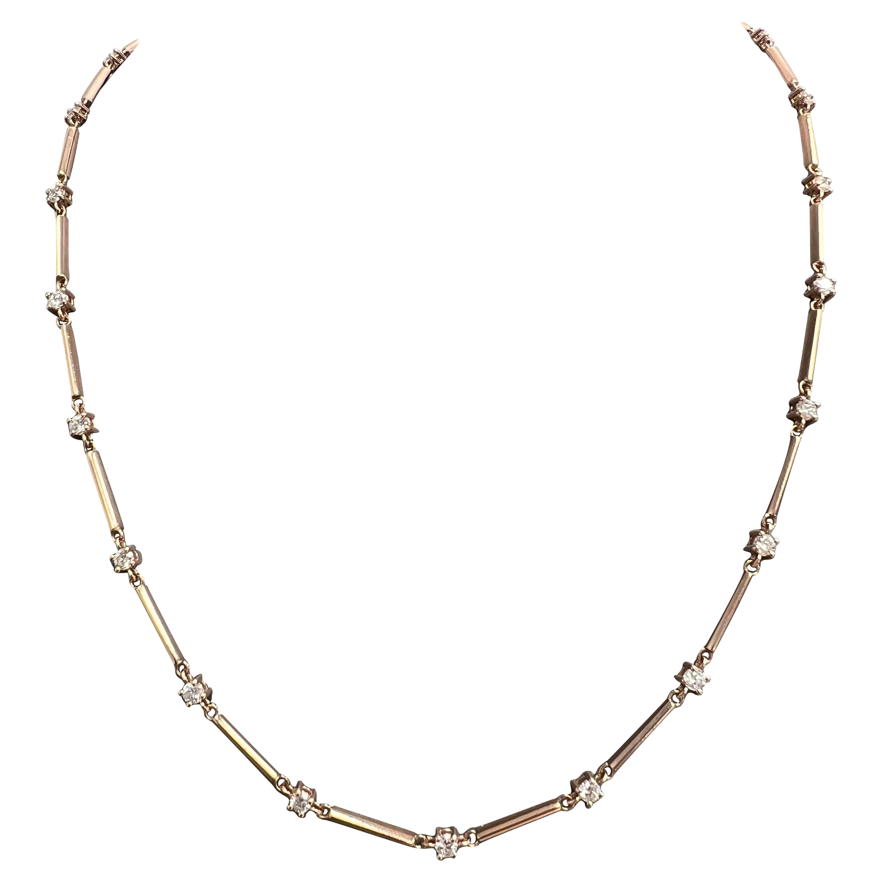 14K Rose Gold Diamonds Necklace with 2.01 Natural Diamonds in a Gold-Bar Chain.
Great Design for a Diamond Necklace that stays between a Tennis Necklace and a Diamonds by the yard Chain.
Super Trendy and perfect for any occasion.
Natural Brilliant