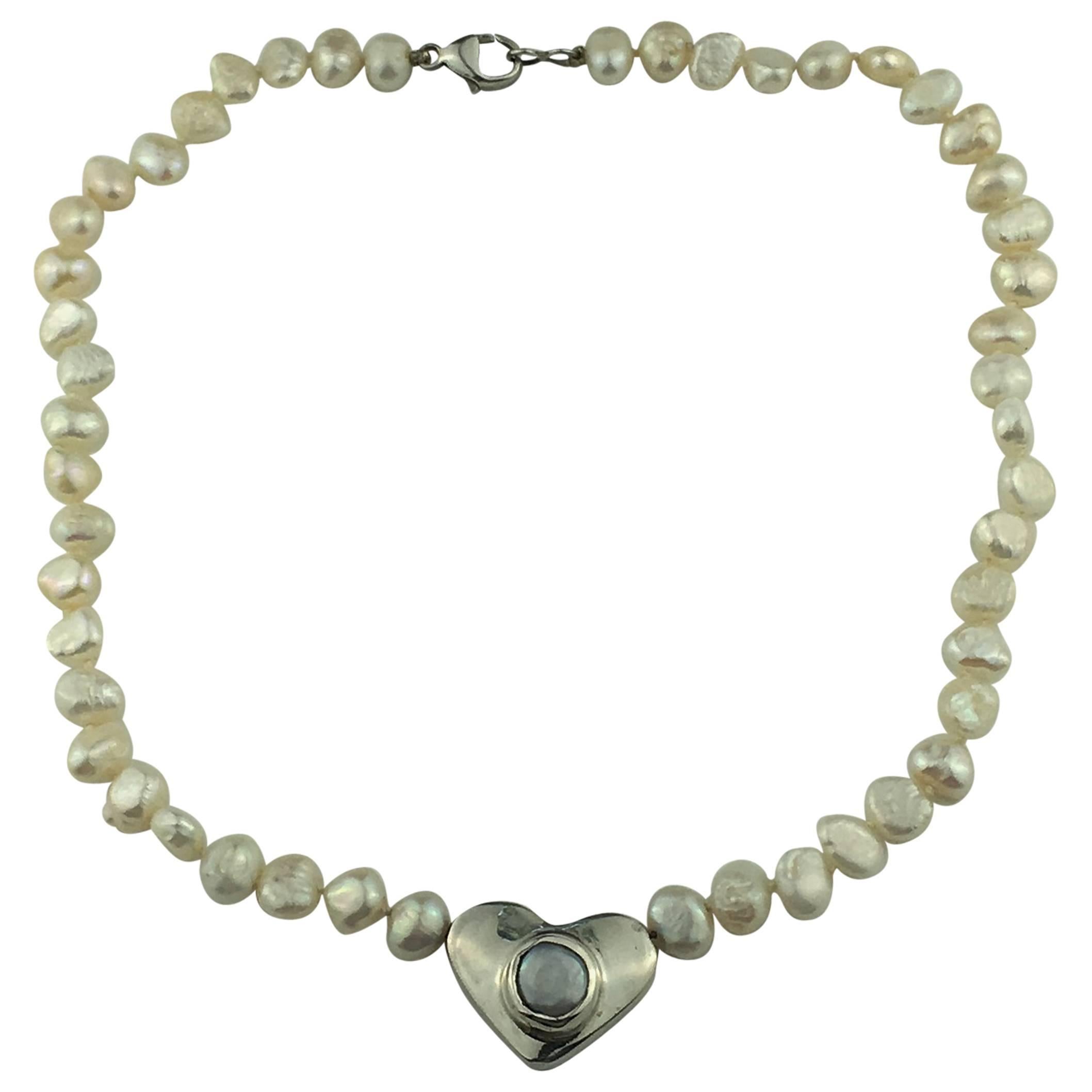 Pearl Choker Necklace with Sterling Silver Heart