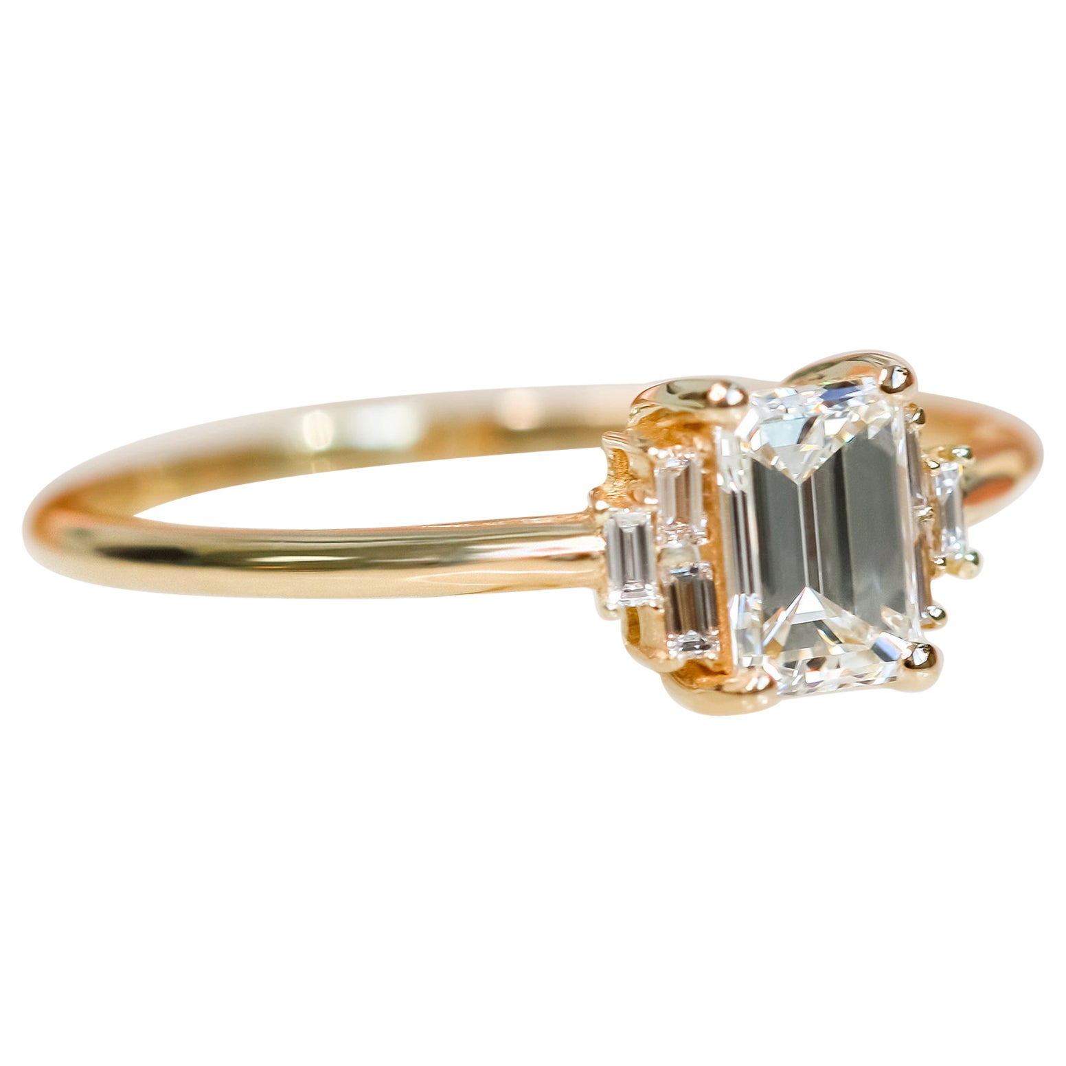 GIA 1.11 Cts Natural Emerald Cut Art-Deco Diamond Ring, Complimentary Baguettes For Sale