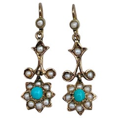 Antique Victorian 18 Karat Gold Turquoise Seed Pearl Floral Drop Dangle Earrings