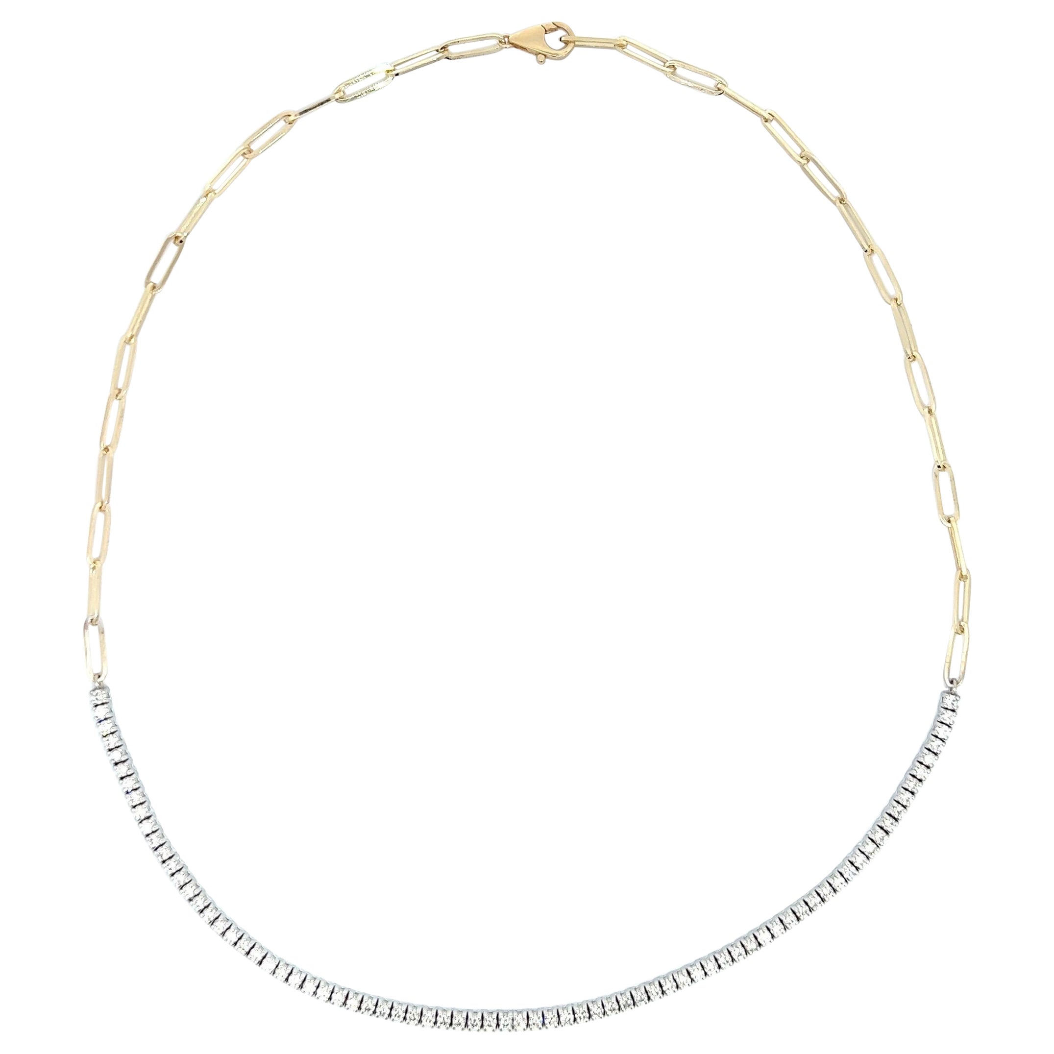 Half-way Paper-clip Chain & Half-way Diamond Tennis Necklace, 14k Two-Tone.
This is the most popular style of Chain/Necklace in the market.
Half of the chain has 30 Paper-Clip links in 14k yellow gold, and half has 76 natural full cut diamonds in