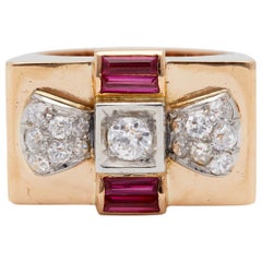 Retro Diamond and Synthetic Ruby 18k Yellow Gold Tank Ring