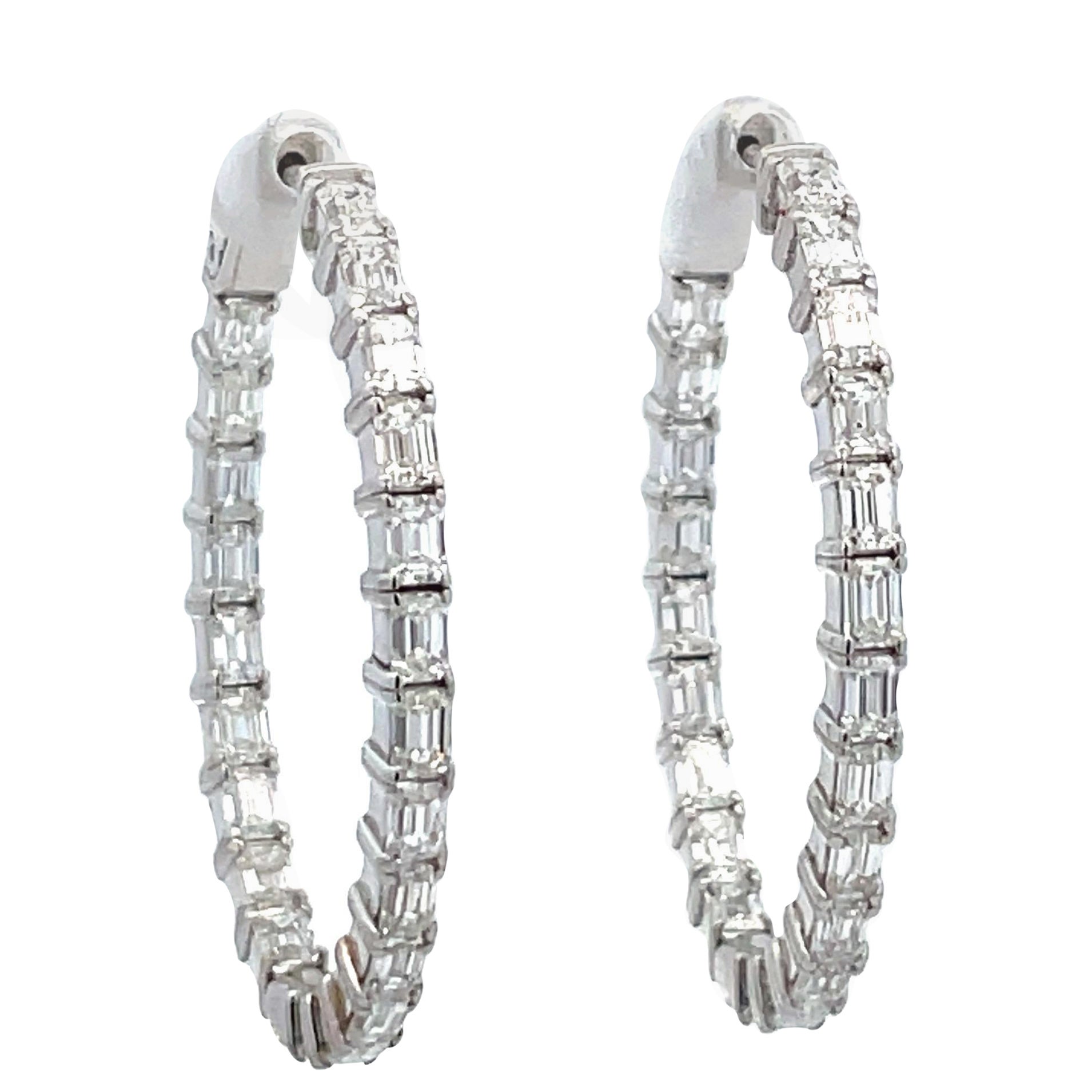 Emerald Cut Diamond Hoop Inside Out Earrings 4.01 Carats G VVS2-VS2 14 Karat For Sale