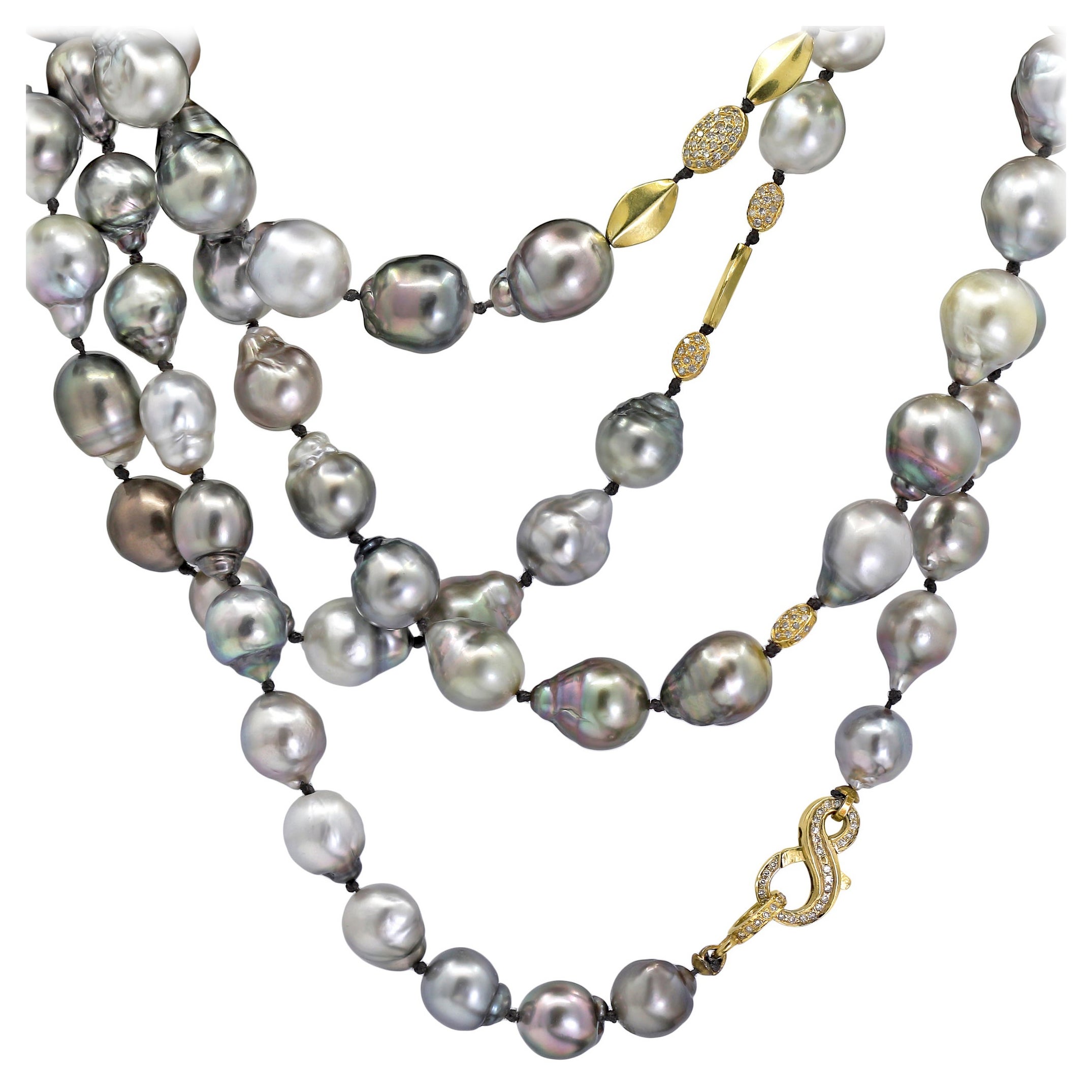Long collier baroque de Tahiti en or jaune avec pavé de perles et diamants, Just Jules