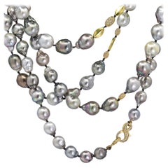 Tahitian Baroque Pearl Pave Diamond Yellow Gold Long Necklace, Just Jules