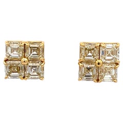 Asscher Cut Yellow Diamond Stud Earrings 4 Carats 22 Karat Yellow Gold Handmade