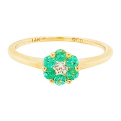 Petite Emerald Flower Ring, May Birthstone with Diamond, 14K Yellow Gold Lv