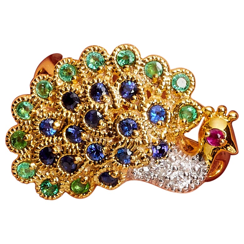 Sapphire Diamond Emerald Ruby Yellow Gold Peacock Cluster Ring For Sale