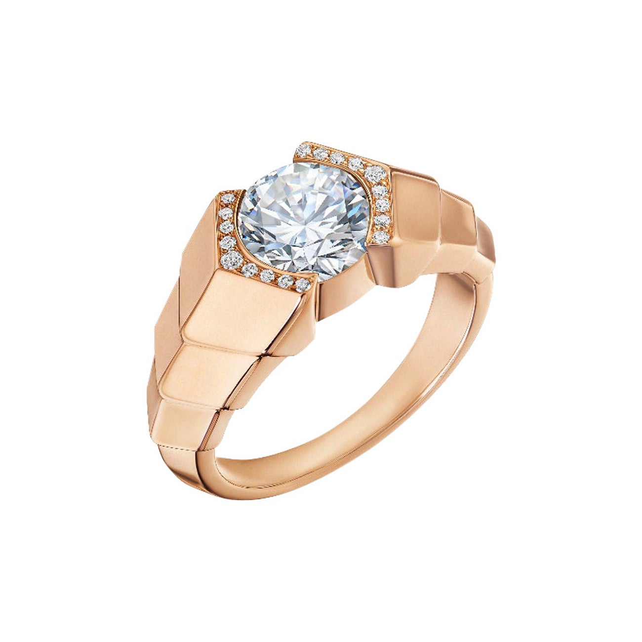 For Sale:  VL Cepher White Diamond 18K Rose Gold Diamond Halo Arris Large Ring