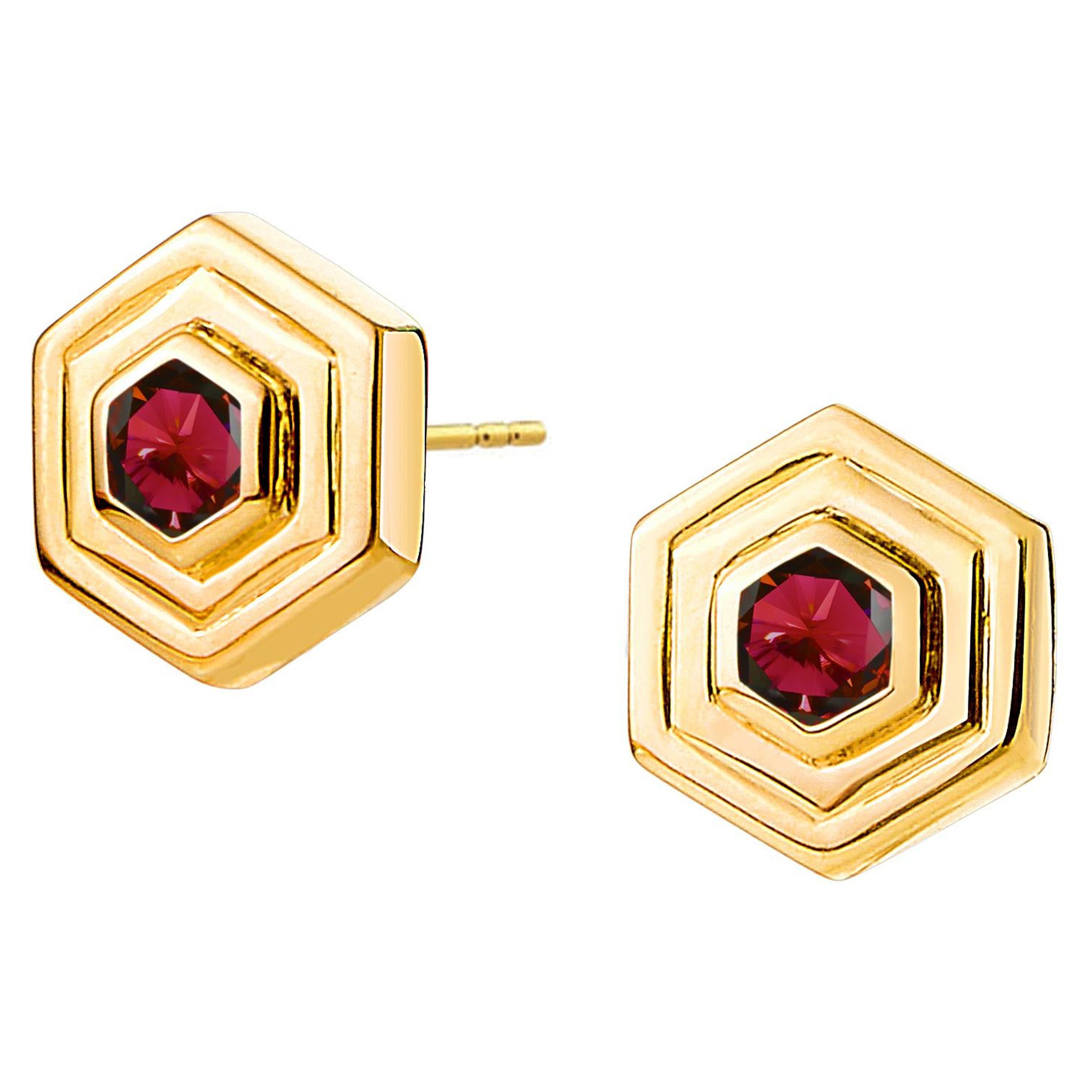 Syna Yellow Gold Double Bezel Hex Earrings with Rubies