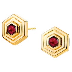 Syna Yellow Gold Double Bezel Hex Earrings with Rubies