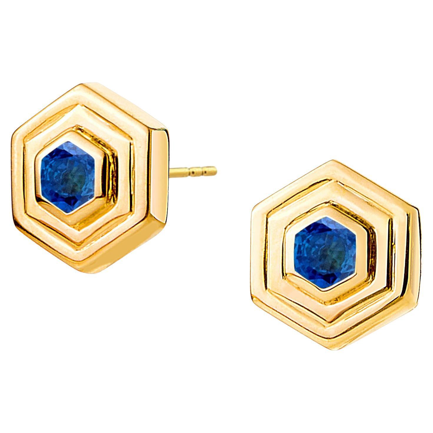 Syna Yellow Gold Double Bezel Hex Earrings with Sapphires For Sale