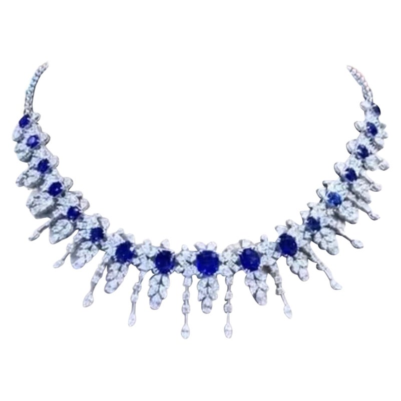AIG Certified 43.08 ct of Royal Blue Ceylon Sapphires Diamonds 18k gold Necklace For Sale