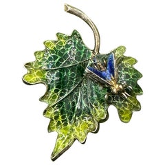Antique Art Nouveau Fly Insect Bug Leaf Plique-a-jour Enamel Brooch Pin Silver 1900