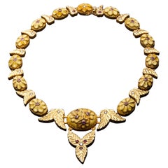 Handmade Carved Amber 18k and 24k Gold Choker Necklace