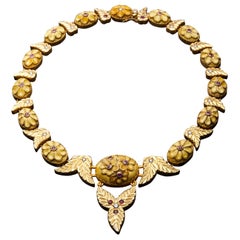 Handmade Carved white Amber 18k and 24k Gold Choker Necklace