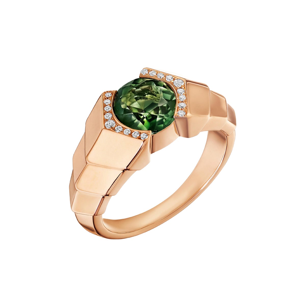 For Sale:  VL Cepher Green Tourmaline 18K Rose Gold Diamond Halo Arris Large Ring