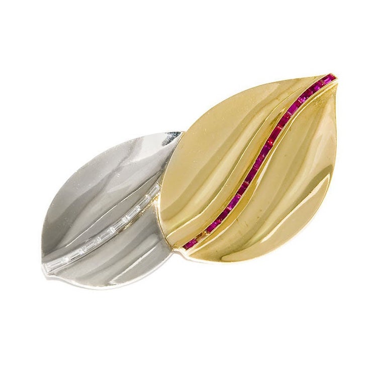 Cartier London, Diamond & Ruby Double Leaf Brooch For Sale