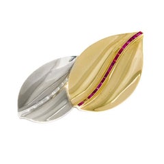Cartier London, Diamond & Ruby Double Leaf Brooch