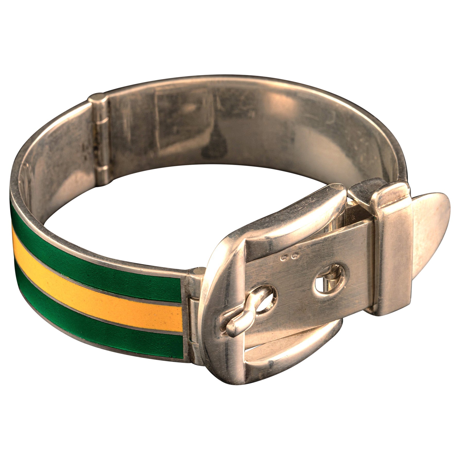 Vintage Gucci Bangle "Ceinture" Bracelet Made in Silver and Green-Yellow Enamel For Sale