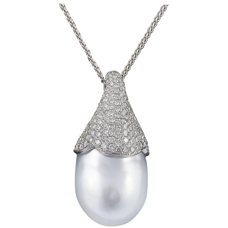 South Sea White Baroque Silver Overtone Pearl and Diamond Pendant For