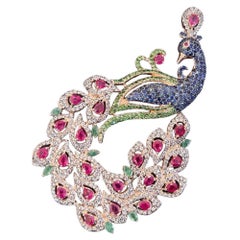 Bochic “Orient Swan” Blue Sapphire, Emerald, Ruby Brooch in 22k Gold & Silver