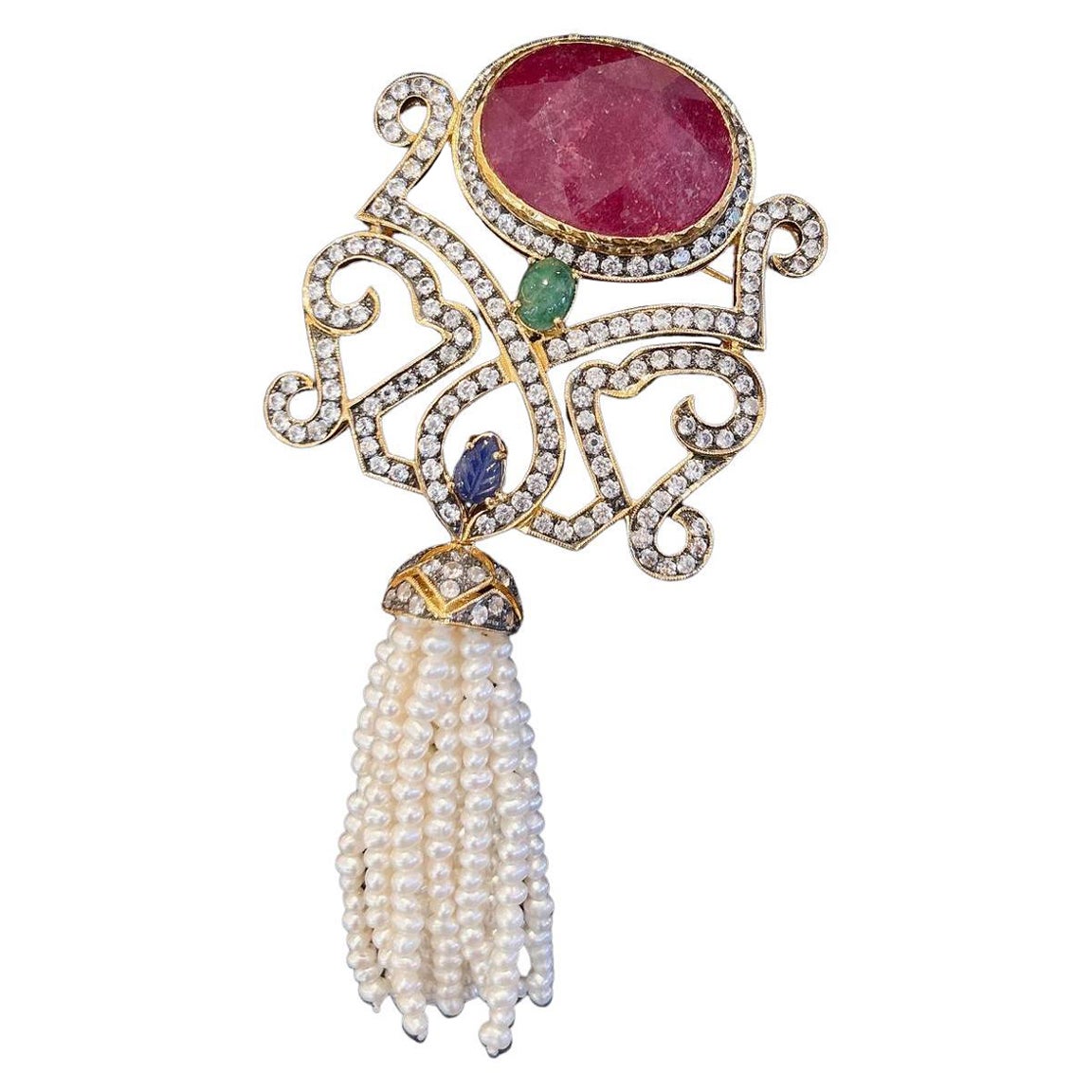 Bochic “Orient” Red Ruby, Emerald & Sapphire Brooch Set in 22k Gold & Silver For Sale