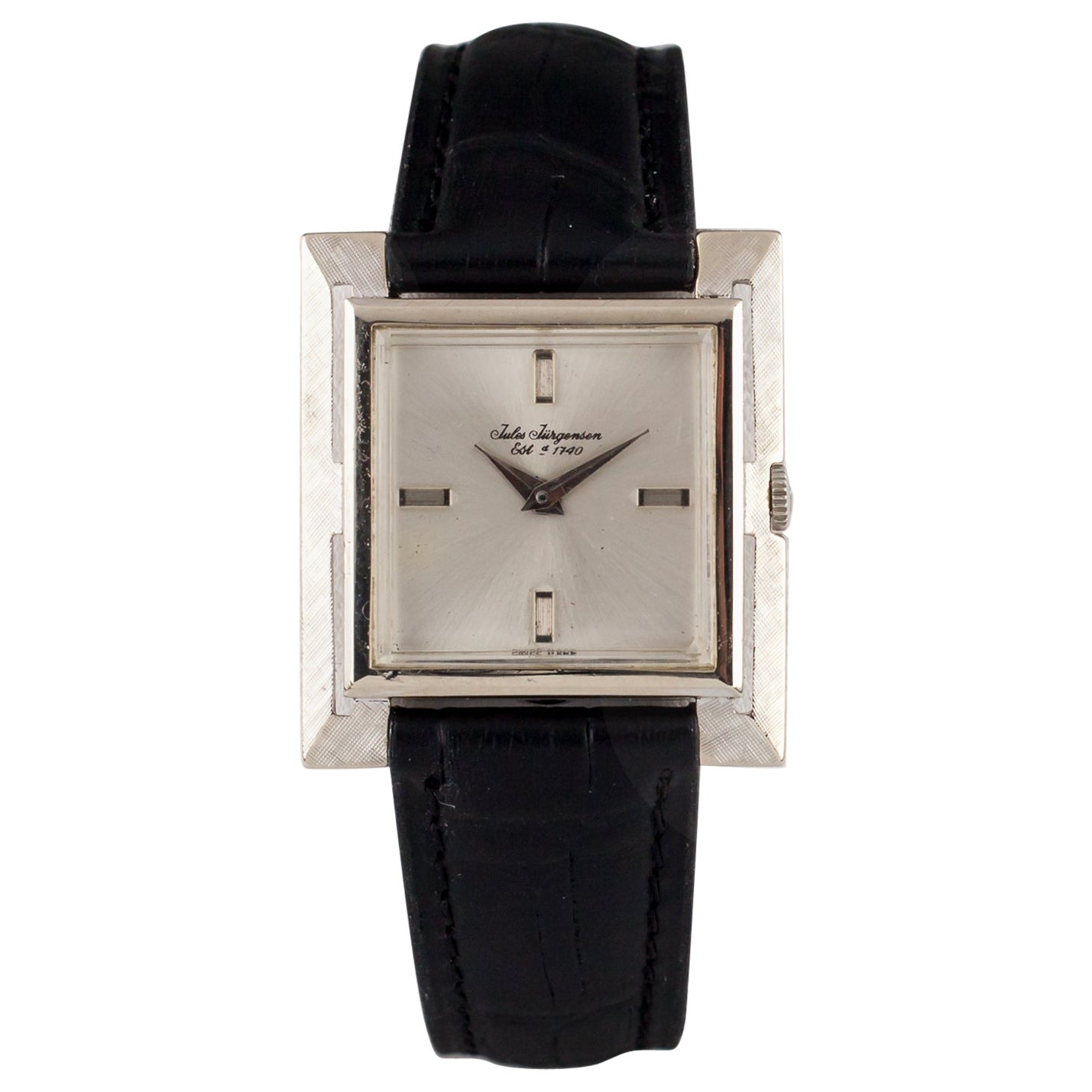 Jules Jurgensen Montre mécanique à remontage manuel en or blanc 14k avec bracelet en cuir en vente