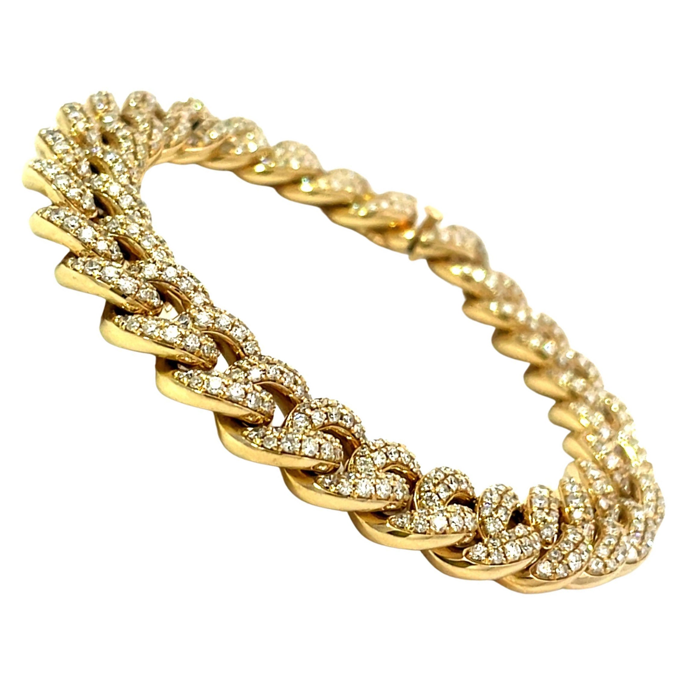 6.82 Carat Yellow Gold Cuban Link All Diamond Bracelet For Sale