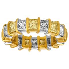 White and Yellow Princess Cut Diamonds Wedding Band in Two Color Gold Mounting