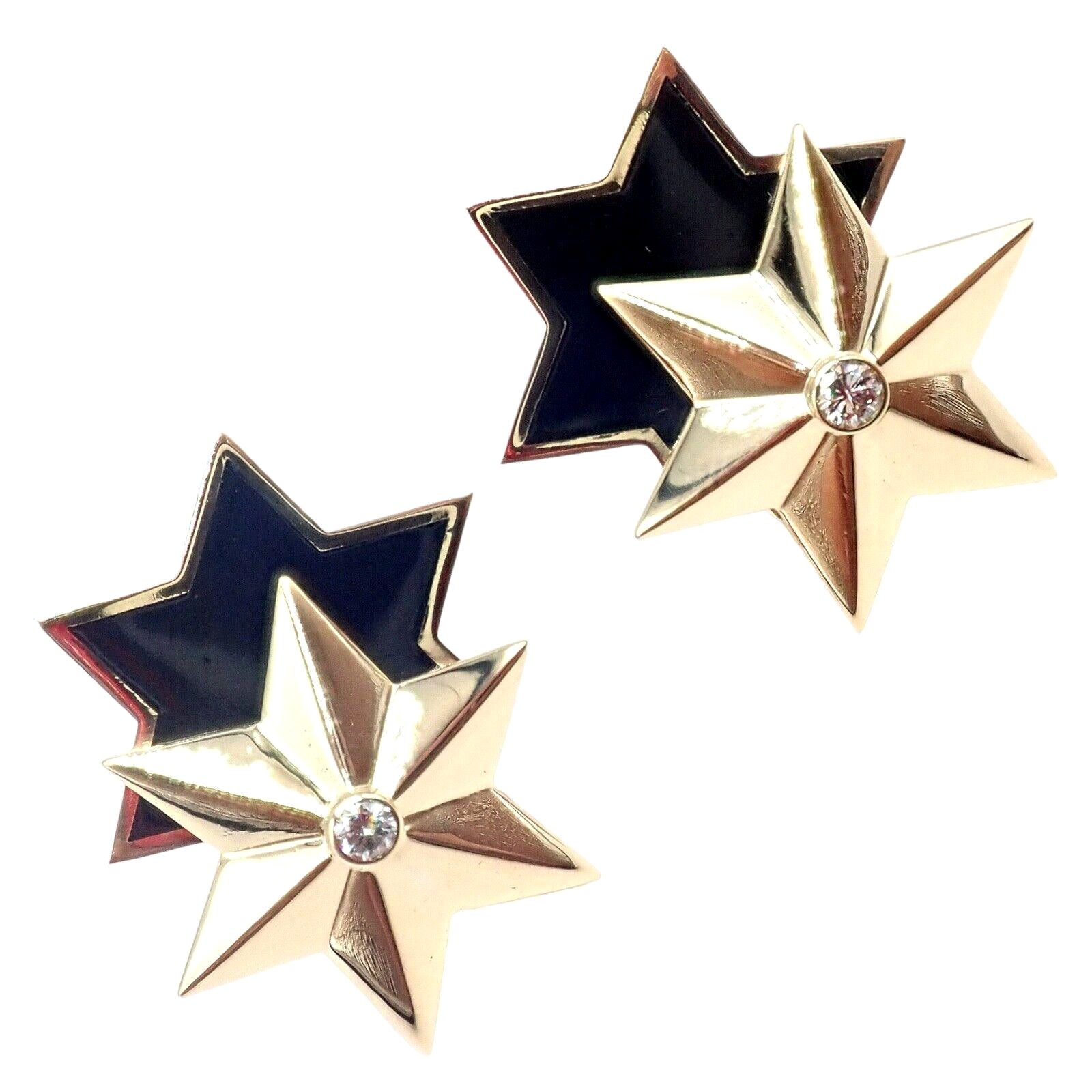 Verdura Diamond Black Enamel Double Star Yellow Gold Earrings For Sale