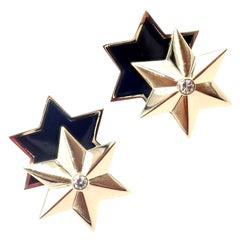 Verdura Diamond Black Enamel Double Star Yellow Gold Earrings