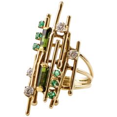 1970s Modernist Emerald Diamond Gold Ring