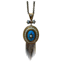 Antique Boxed Blue and White Enamel and Pearl Fringe Locket Back Pendant
