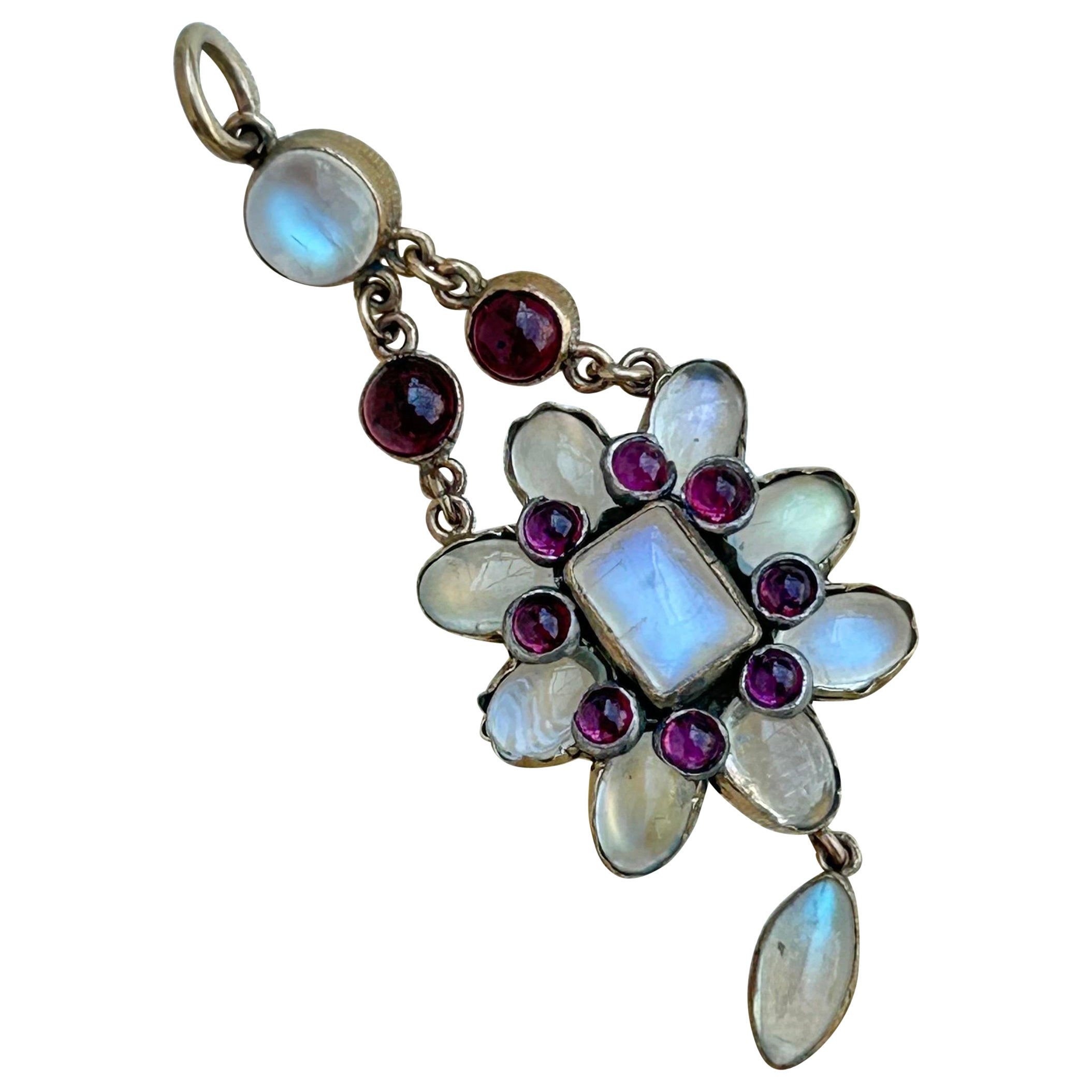 Antique Moonstone and Cabochon Ruby Gold Pendant For Sale