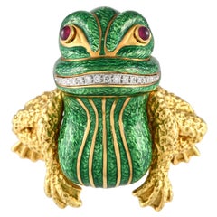 David Webb 18k Yellow Gold and Platinum Diamond and Ruby Enameled Frog Brooch