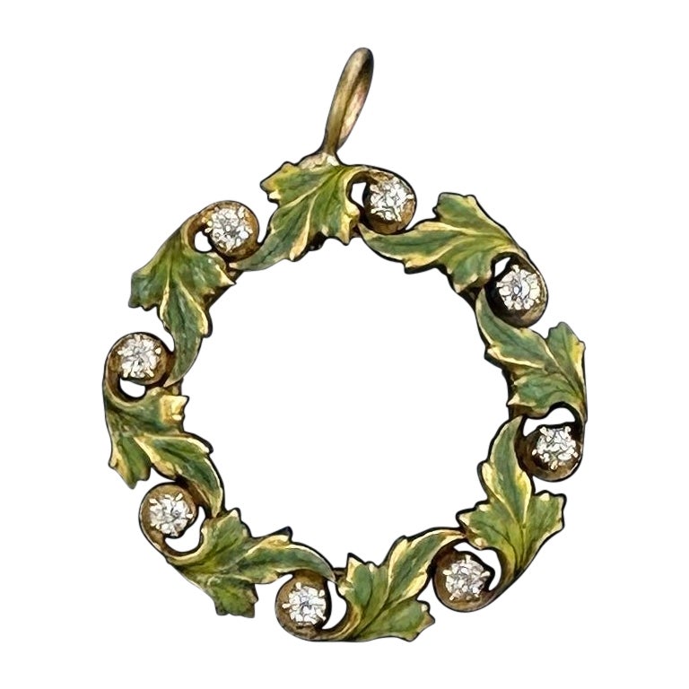 Old Mine Diamond Enamel Leaf Wreath Pendant Necklace 14 Karat Gold Victorian