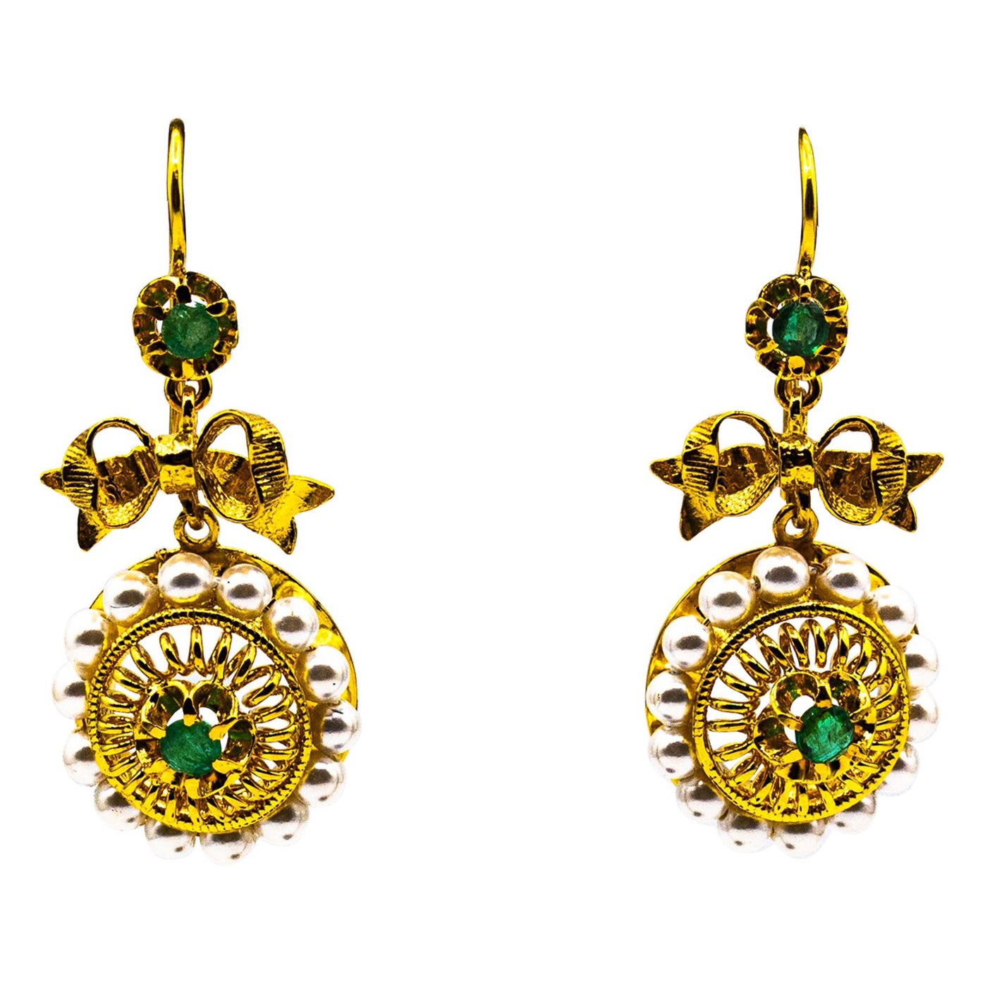 Art Deco Style Micro Pearls 0.70 Carat Emerald Yellow Gold Drop Stud Earrings For Sale