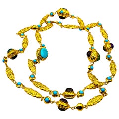 Gelbgold-Tropfen-Halskette mit Amethyst, Türkis, Turmalin, Chalcedon und Chrysopras