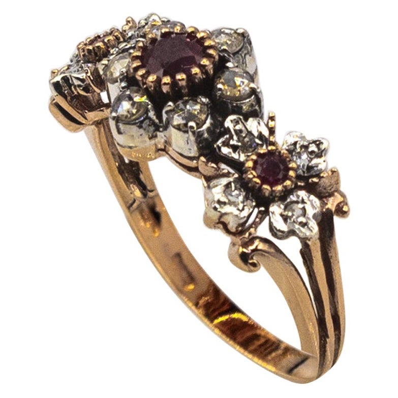 Art Deco Style 0.82 Carat White Rose Cut Diamond Ruby Yellow Gold Band Ring