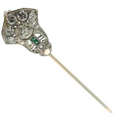 Art Deco Emerald Diamond Platinum Pin Brooch 
