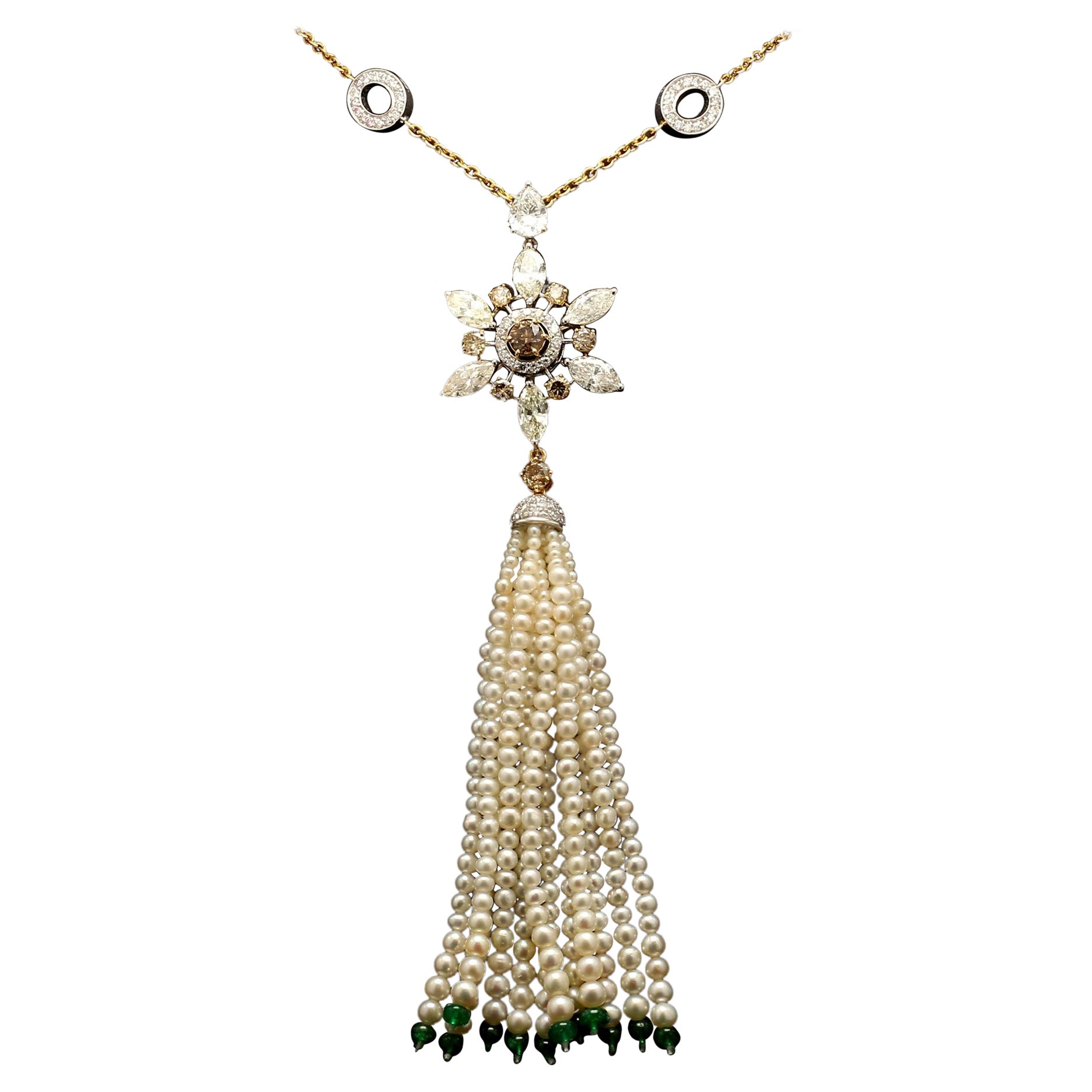 9.63ct Champagne Diamond Necklace w/ DETACHABLE Pearl & Emerald Tassel