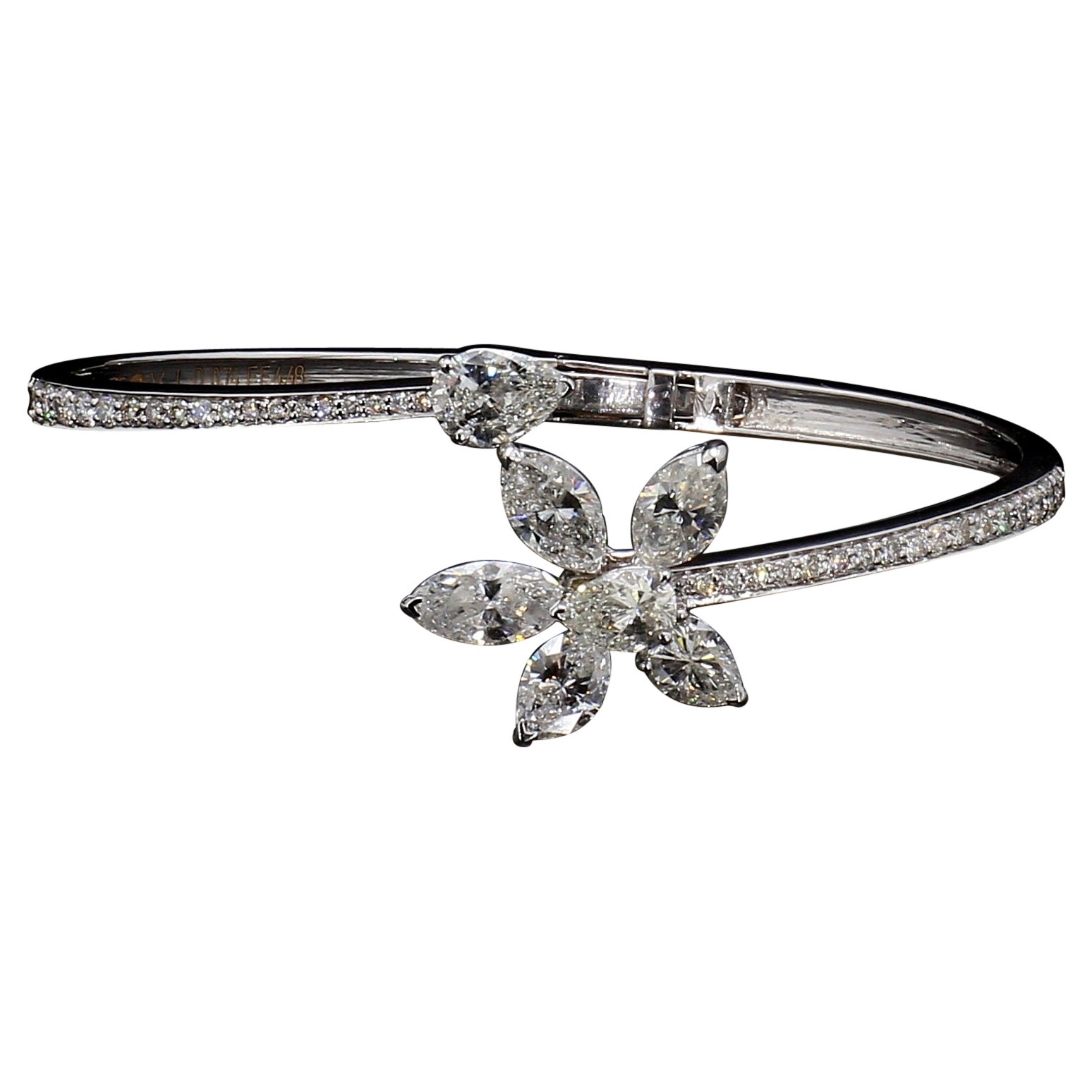 Floral Bangle with 5.22 Carat Marquise and Round Diamonds in 14k White Gold