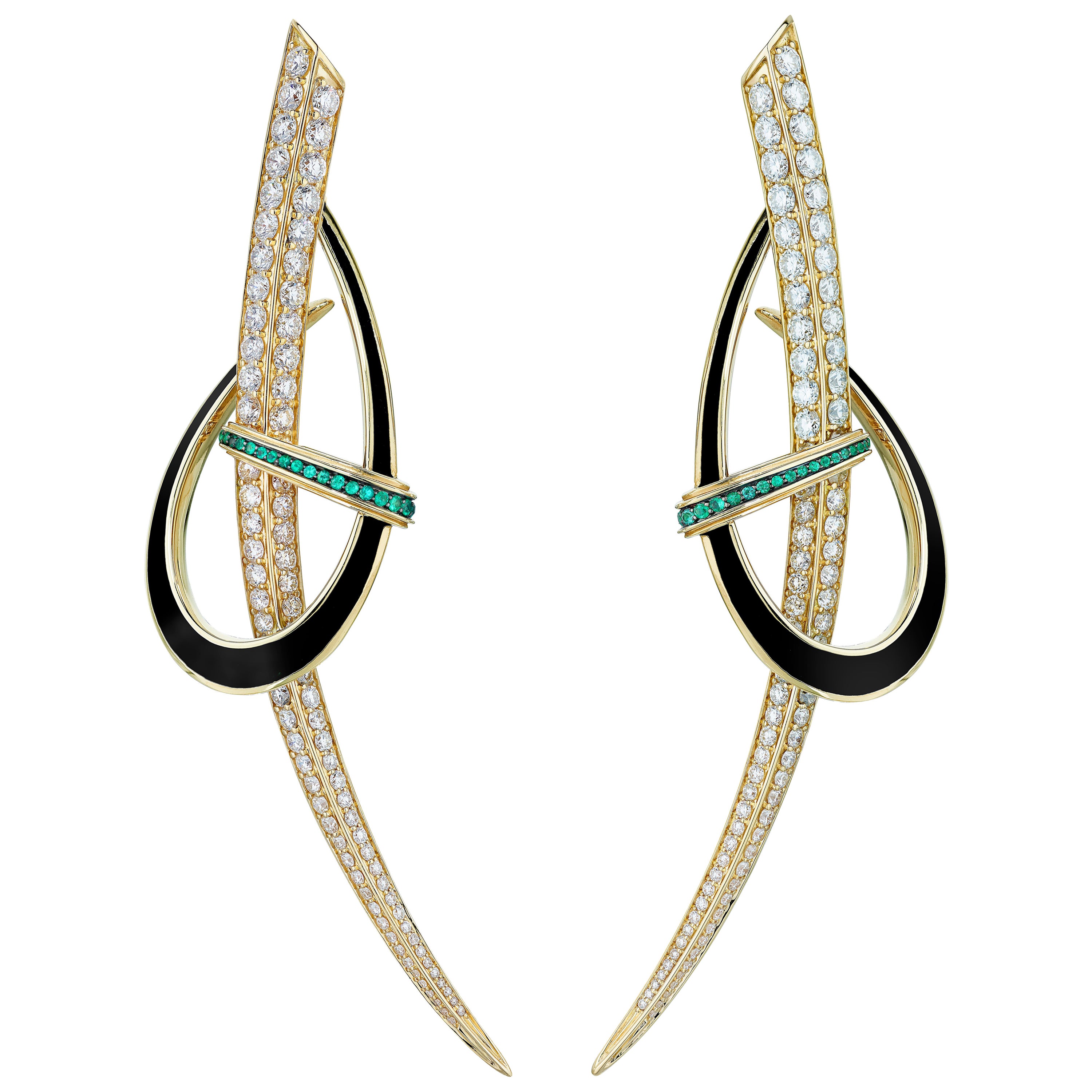 Sabre Fine Earrings, 18 Carat Yellow Gold, Emerald, Diamond & Ceramic