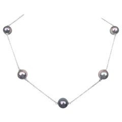 $1 No Reserve! -  Black Tahiti Pearls, 14 Karat White Gold Station Necklace